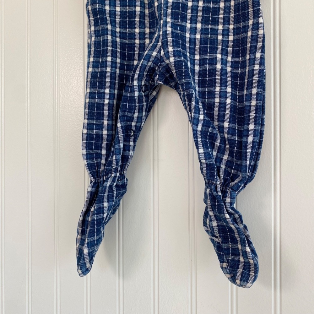 Vintage Osh Kosh Bgosh Vestbak Baby Overalls Size 3-6 Months Blue Plaid Footie - Picture 3 of 11